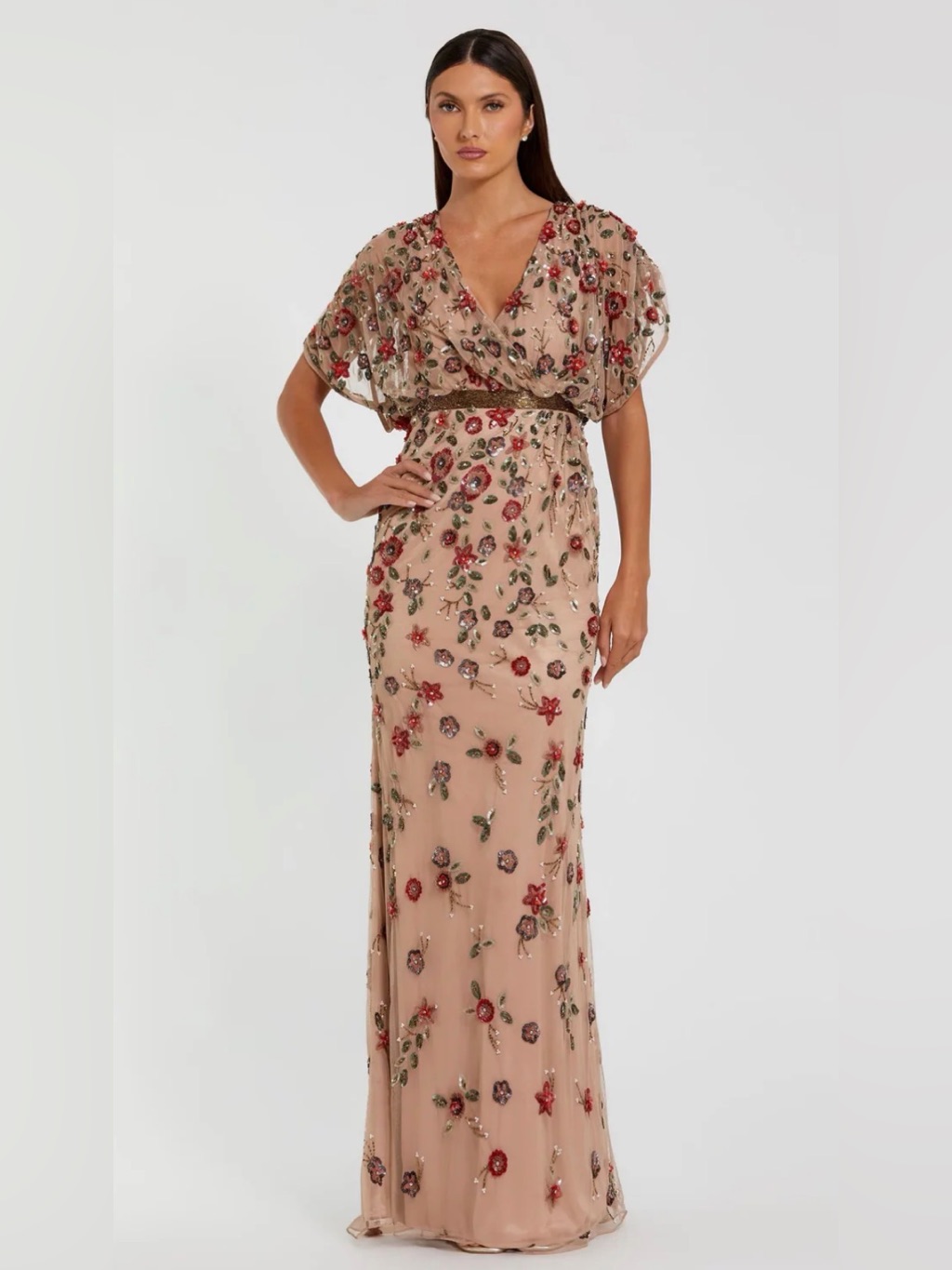 Nwt Mac Duggal Beaded Evening Gown Floral Maxi Dress - Blush 14